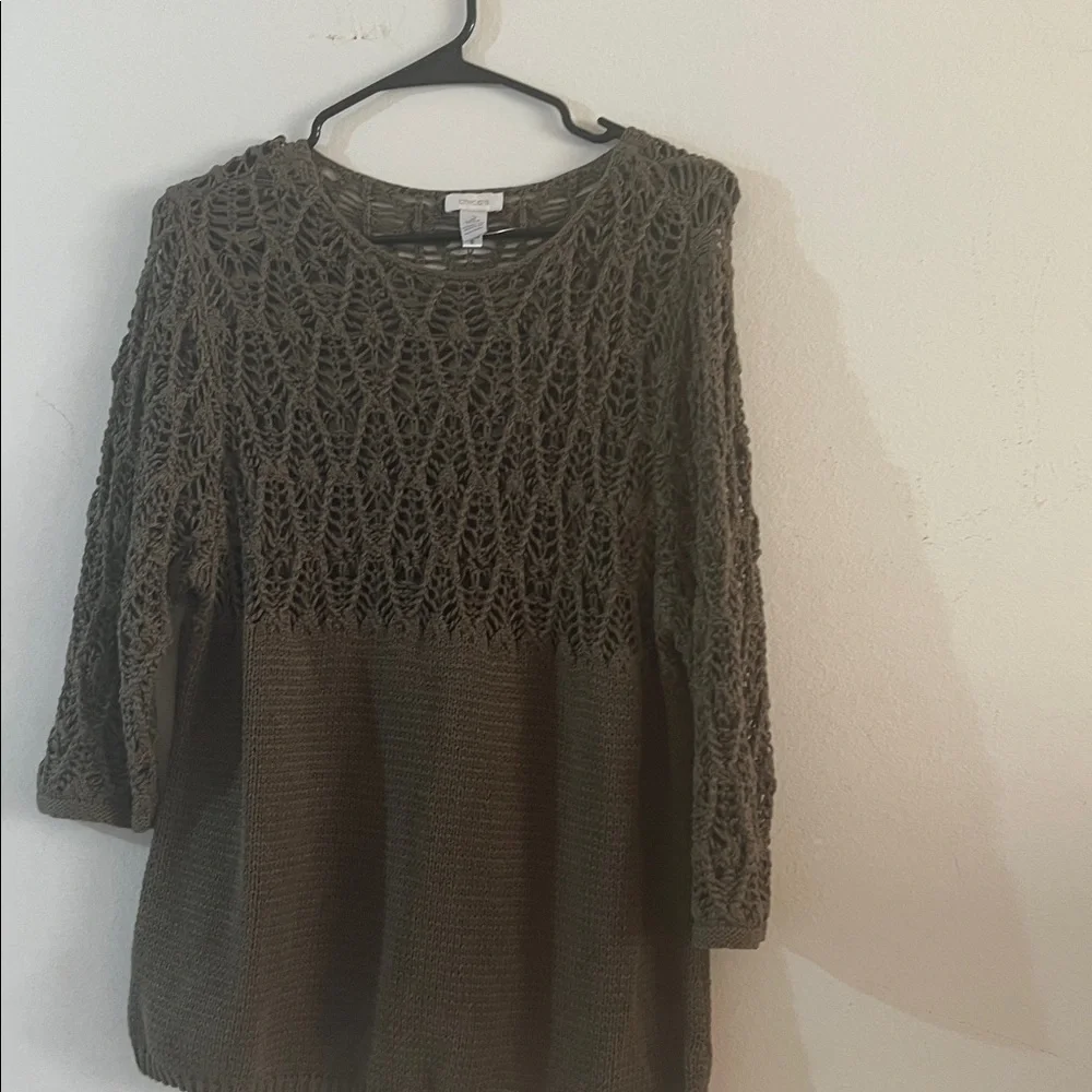Chico's Olive Green Crochet Yoke Scoop Neck Sweater